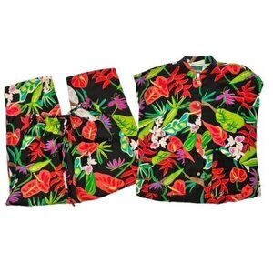 Vintage Coconut Cove Black SILK Hawaiian Floral‎ Pants Top Set Medium Tropical
